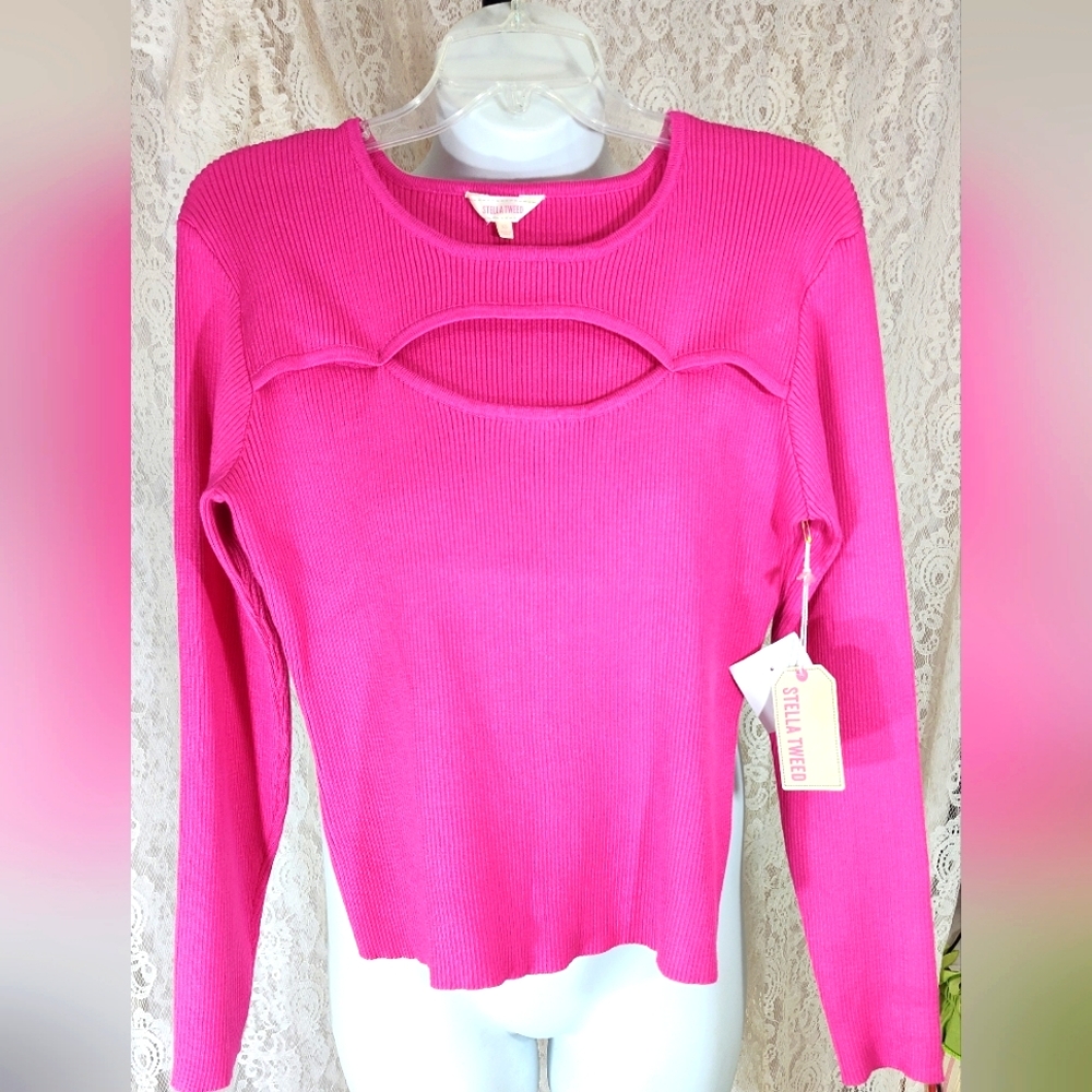 Stella Tweed hot pink sweater peek a boo front